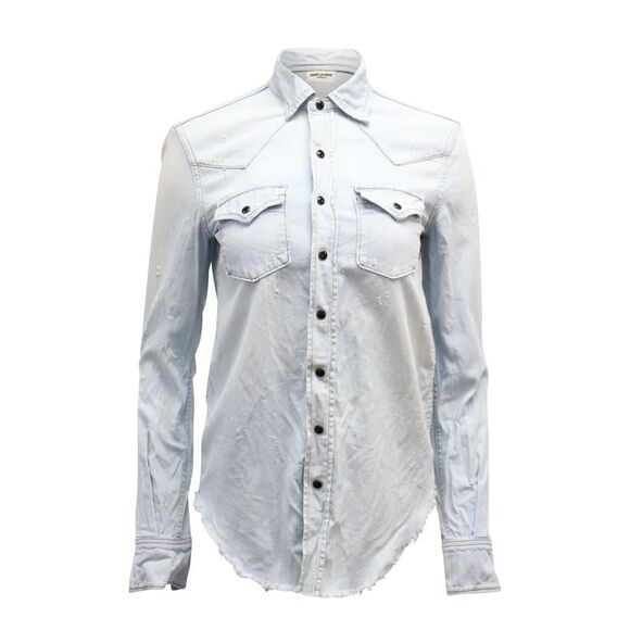 Pre Loved saint laurent Denim Shirt Distressed Frayed Women blue | light blue